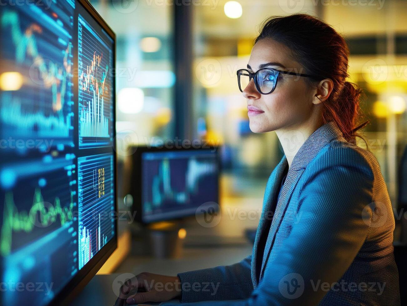 Professional woman analyzing data on screens in an office setting photo