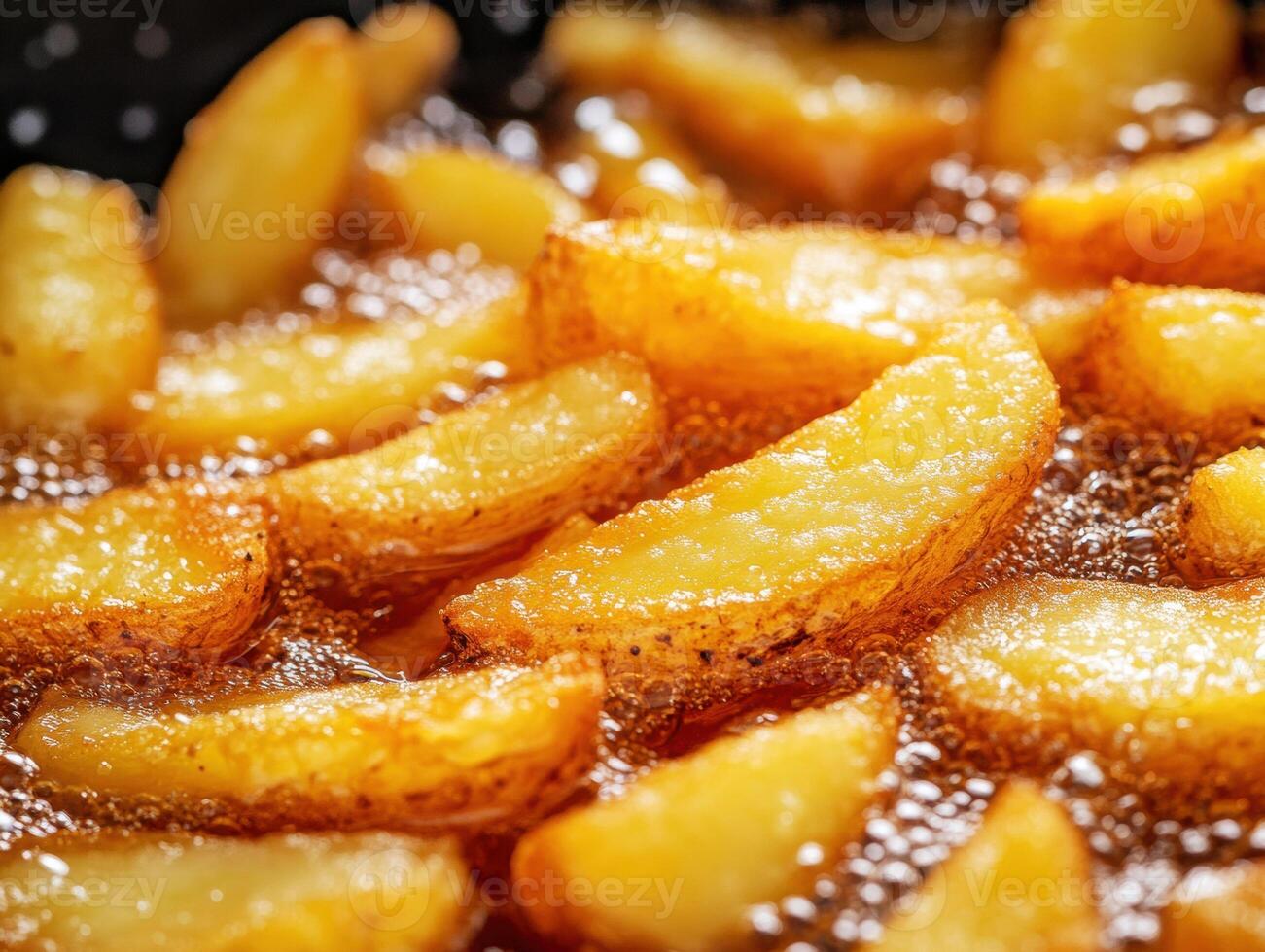 Crispy golden fried potato wedges cooking in hot oil photo