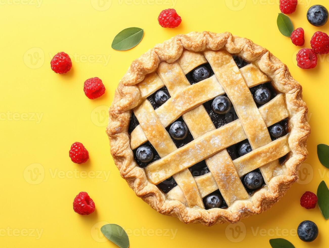 Freshly baked berry pie on a vibrant yellow background photo