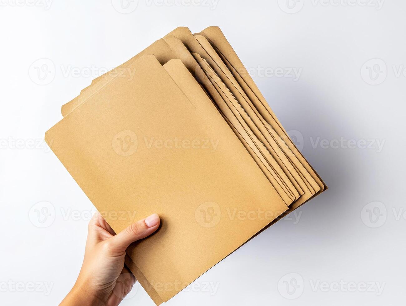 Hands holding multiple brown folders against a plain background photo