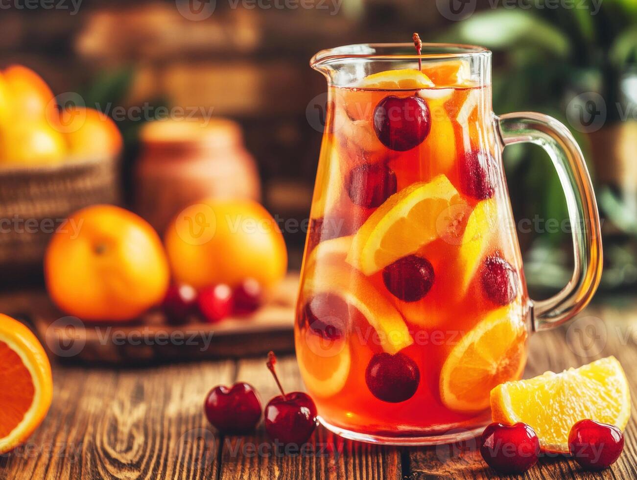 Refreshing fruit punch served in a glass pitcher with cherries photo