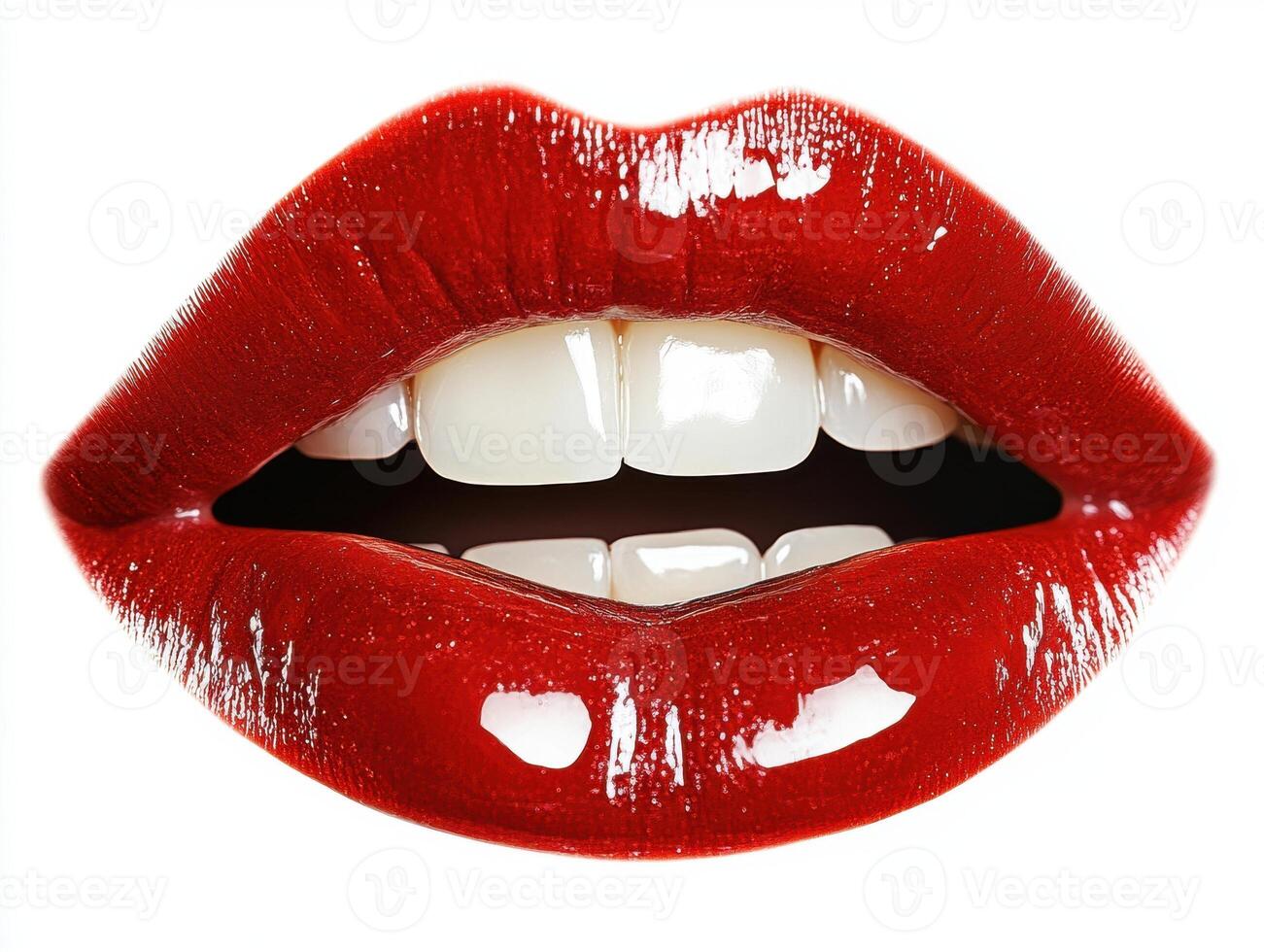 Bright red lips showcasing a perfect smile with white teeth photo