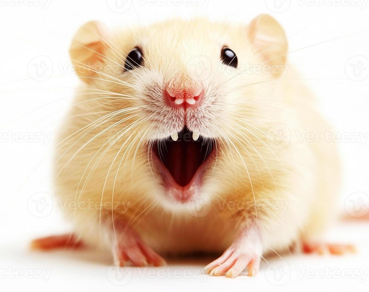 Cute small white mouse with mouth open in cheerful expression photo
