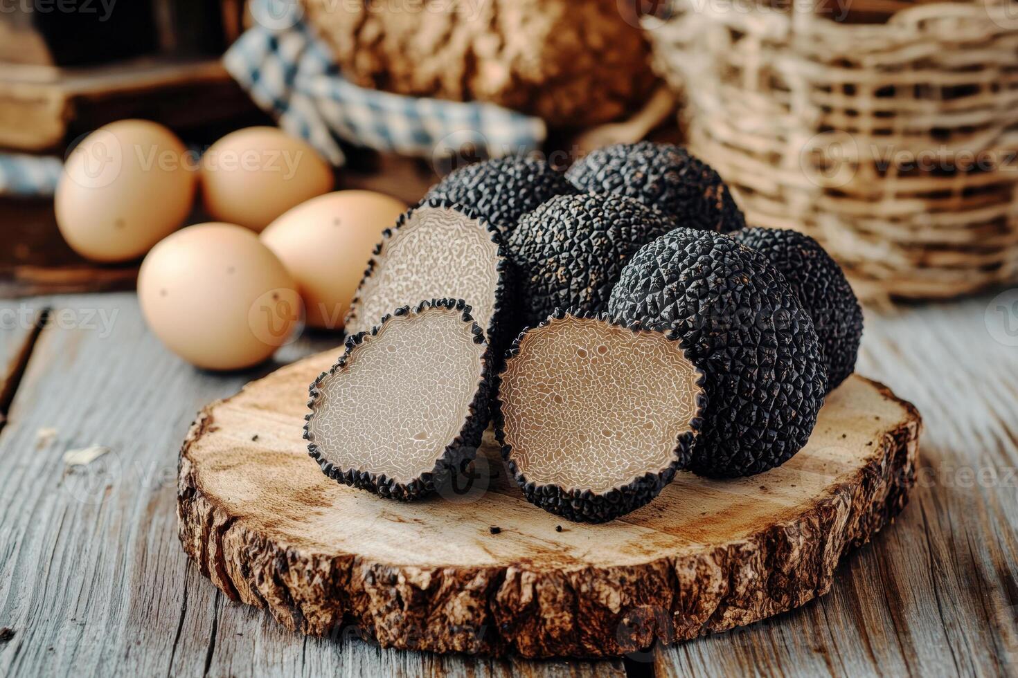 Sliced black truffles resting on a wooden board with eggs nearby photo