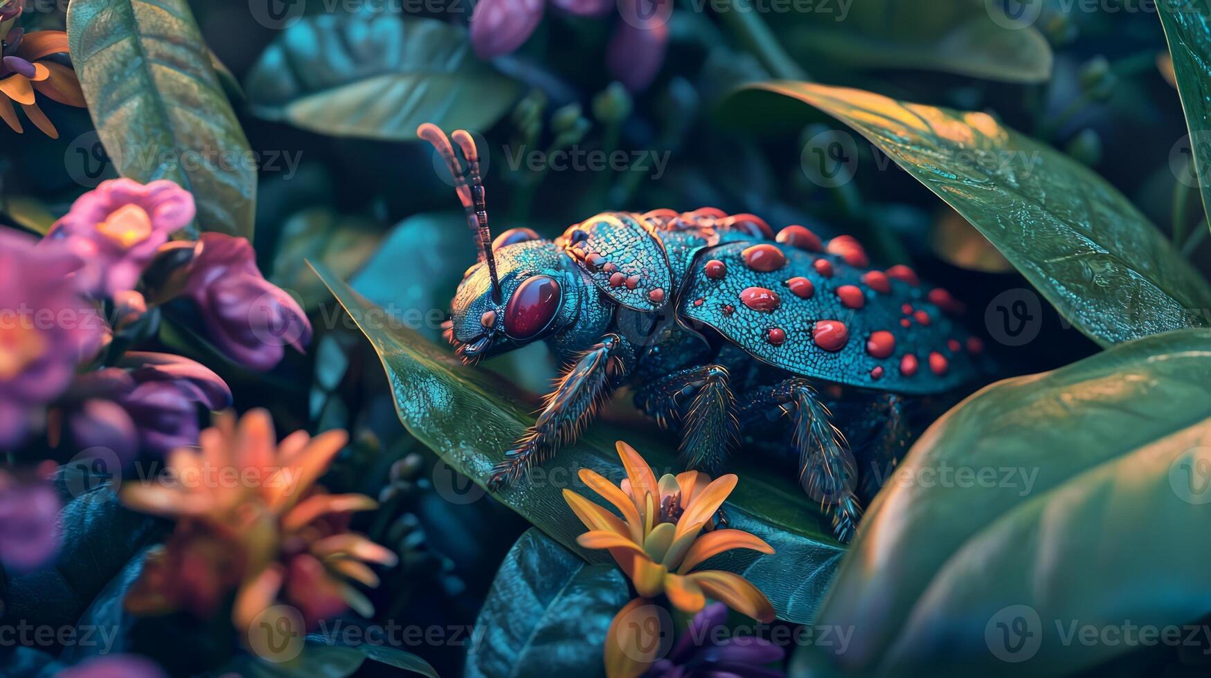A bug with red spots on its back is sitting on a plant photo