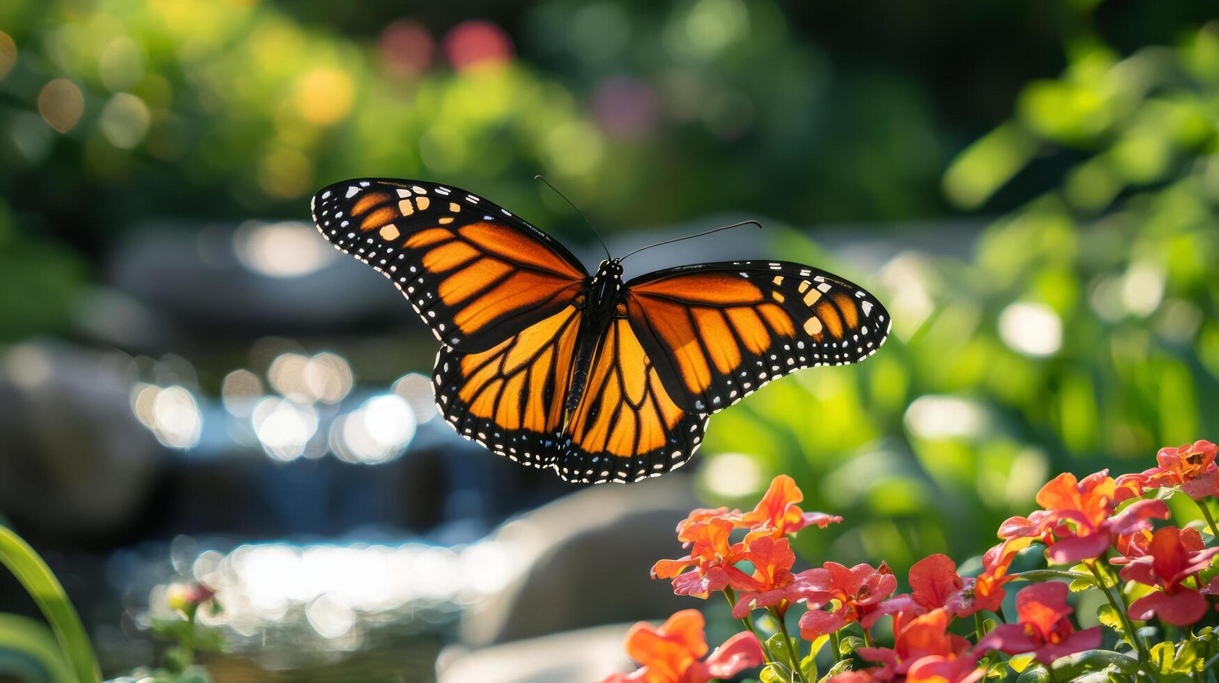 A monarch butterfly is flying over a garden photo