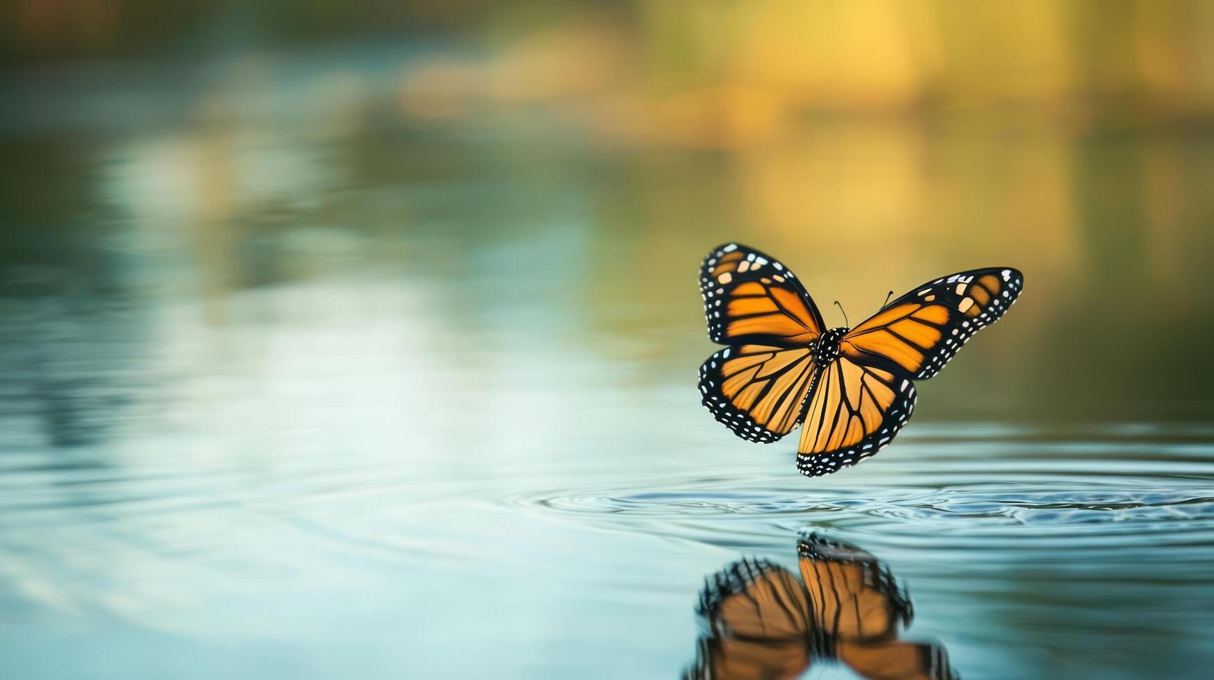 A monarch butterfly is flying over water photo
