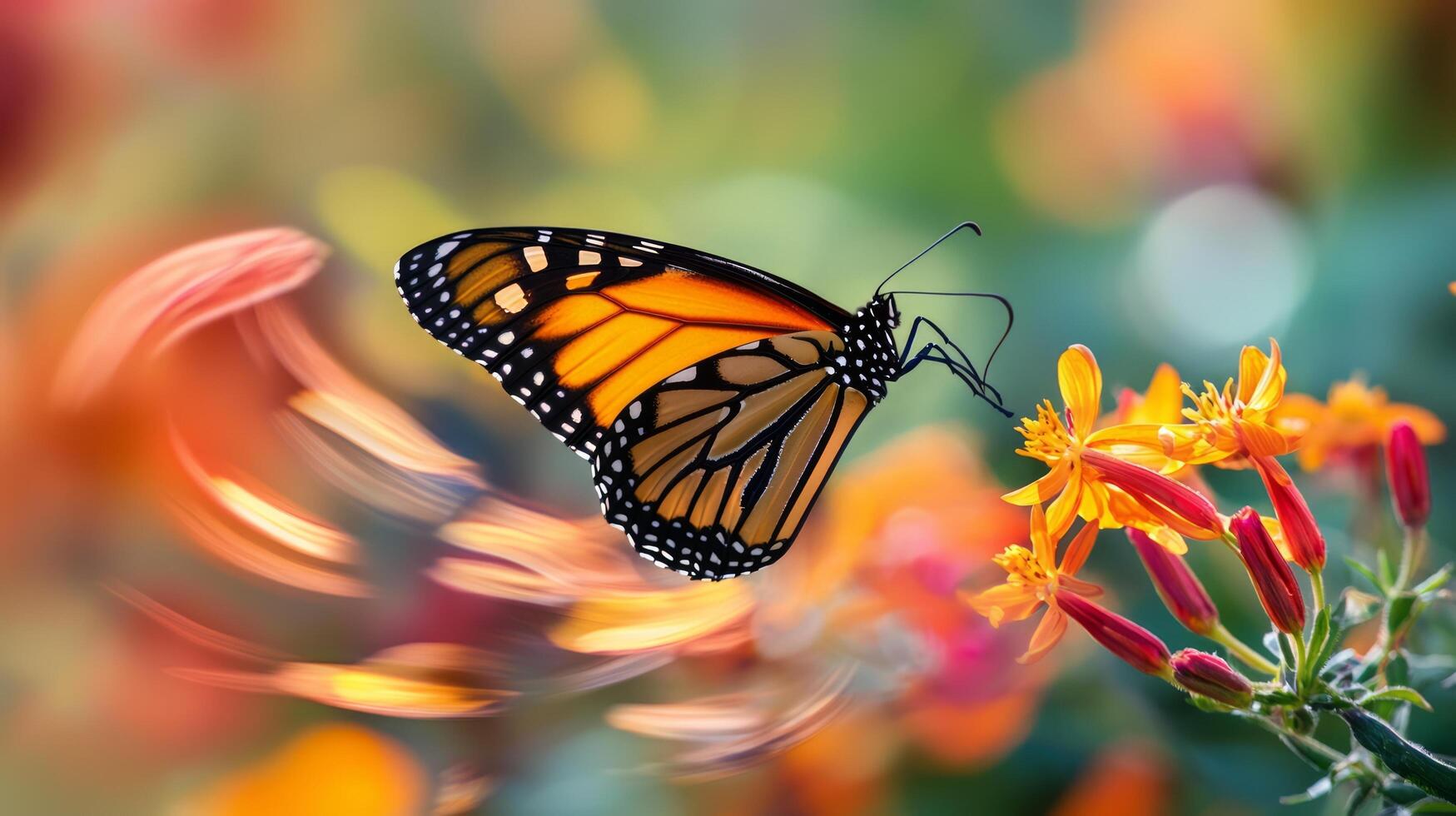 A monarch butterfly is flying over a field of flowers photo
