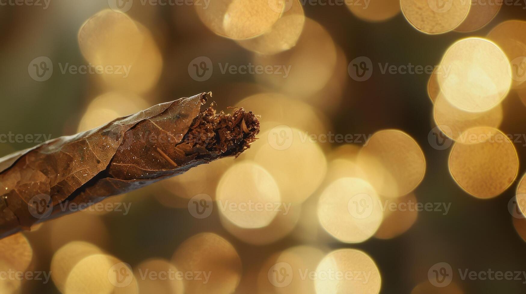 A cigar is shown in front of a blurred background photo
