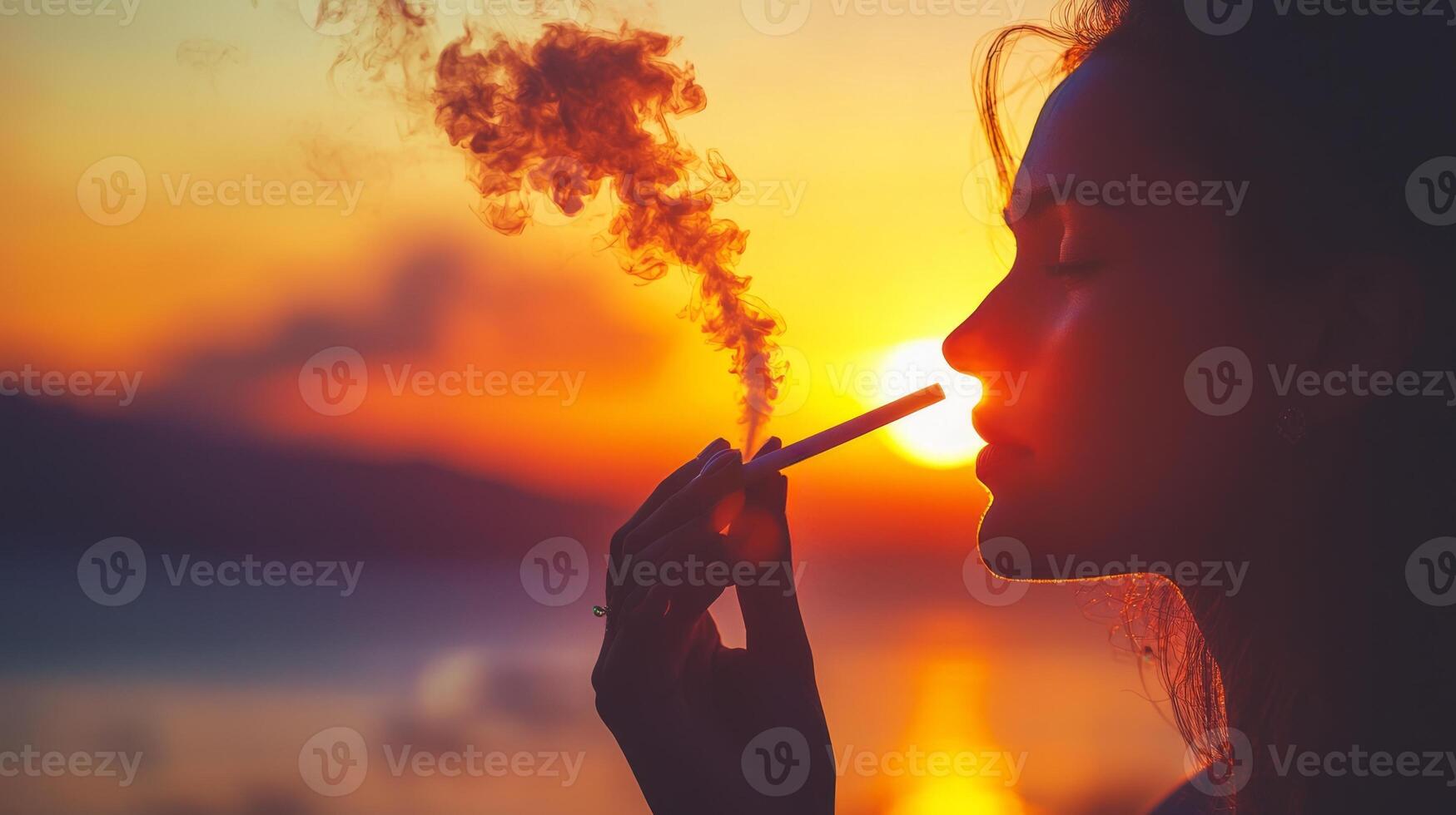 A woman smoking a cigarette at sunset photo