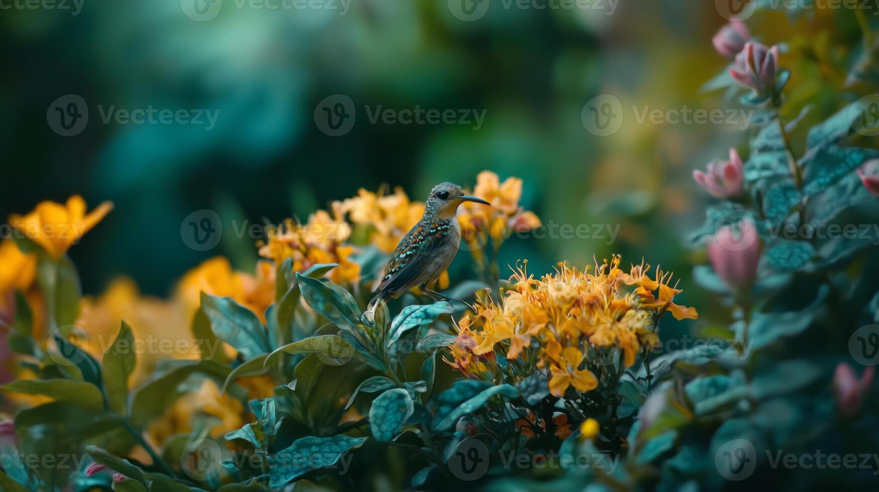 A bird is perched on top of some flowers photo