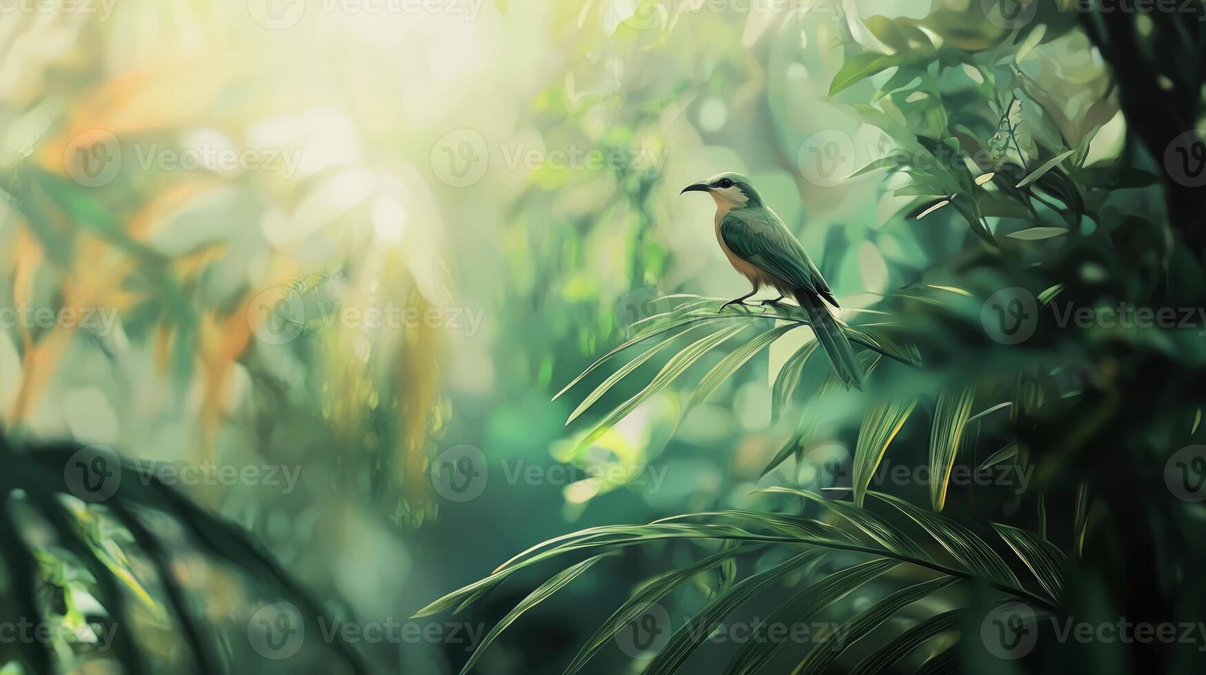 A painting of a bird sitting on a branch in the jungle photo