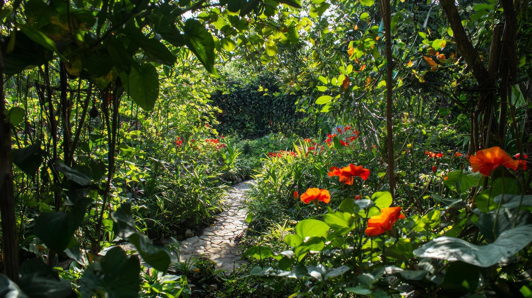 A path through a garden with red flowers photo
