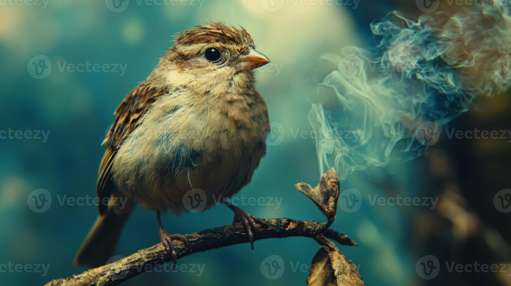 A bird sitting on a branch with smoke coming out of its beak photo