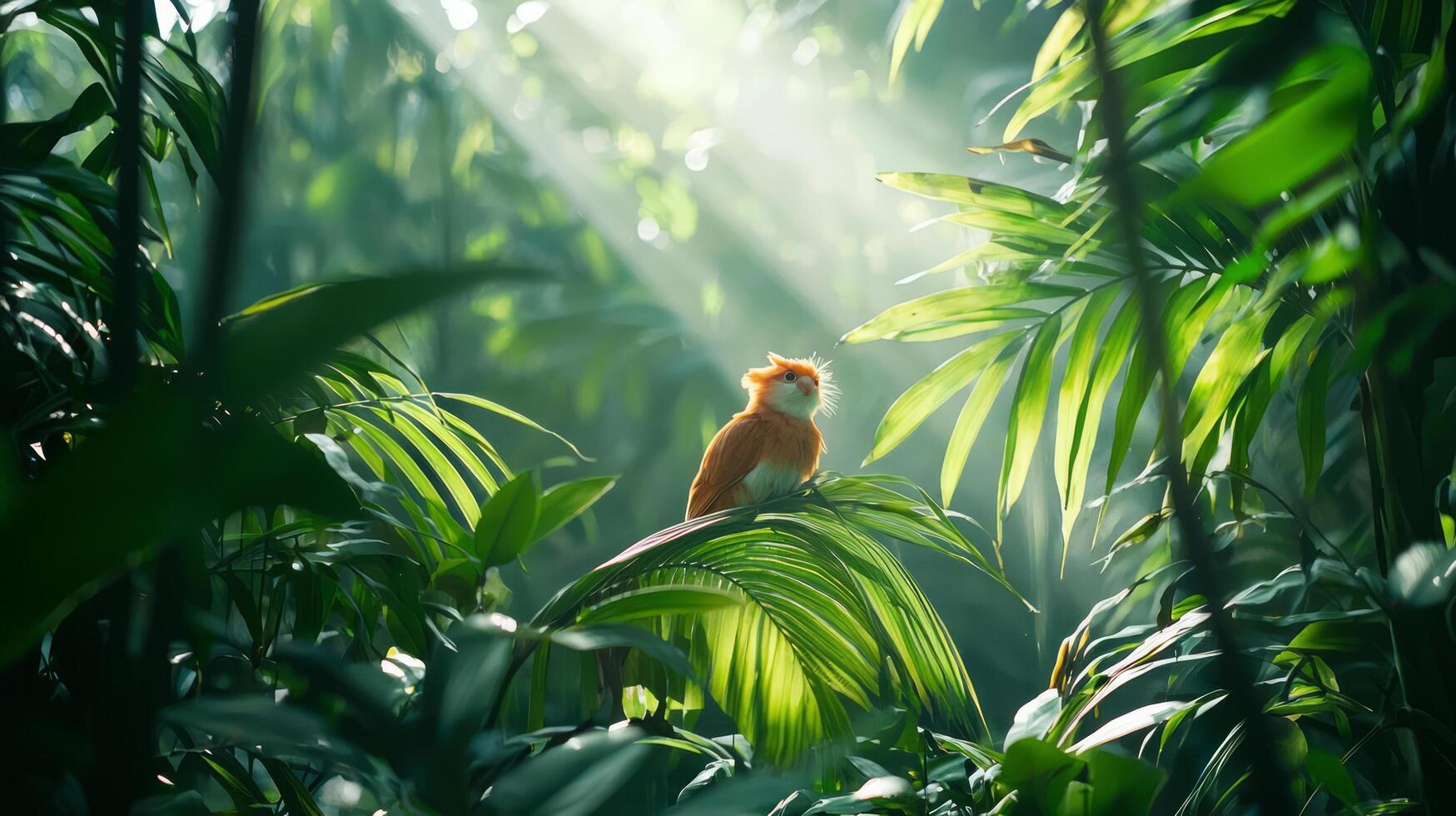 A bird is perched on top of a tree in the jungle photo