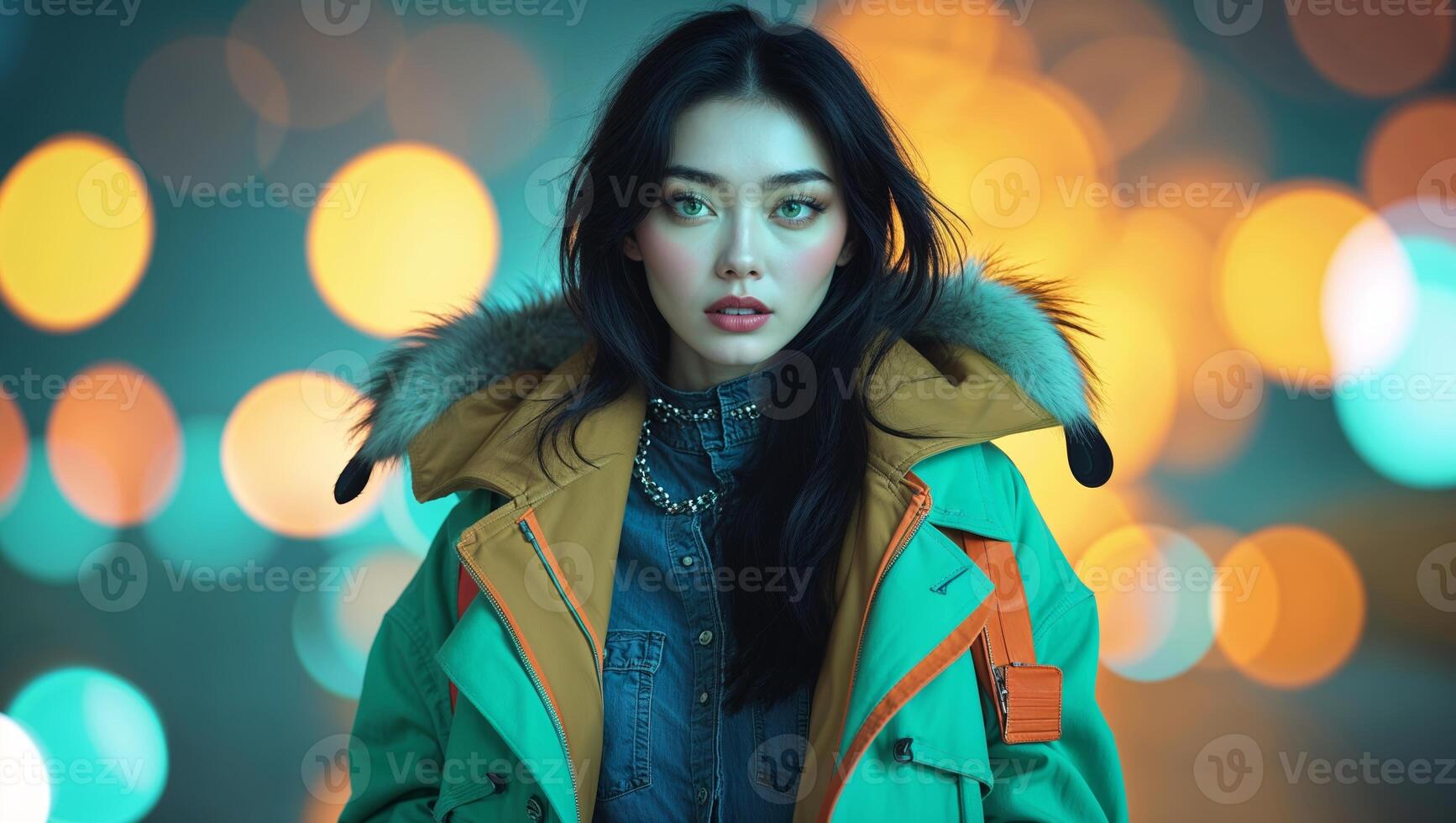 Portrait of a young woman in winter fashion with a colorful background at night photo