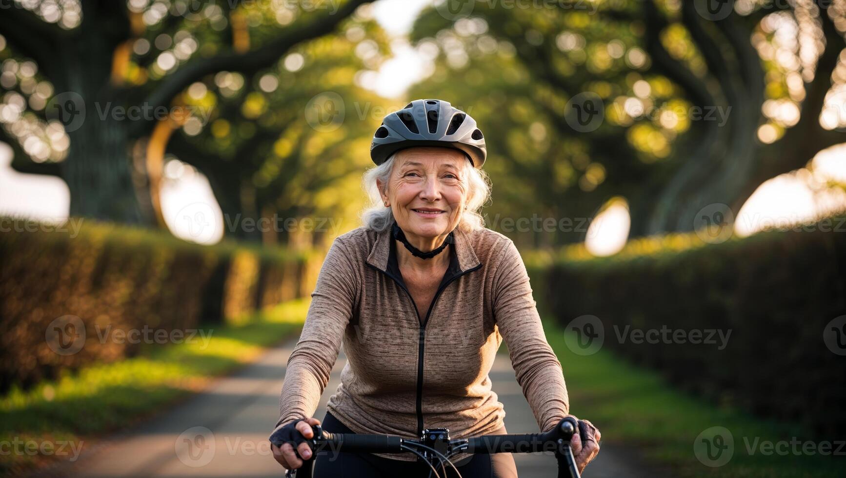 Senior woman cycling on a scenic path lined with trees during the golden hour in a peaceful countryside setting photo