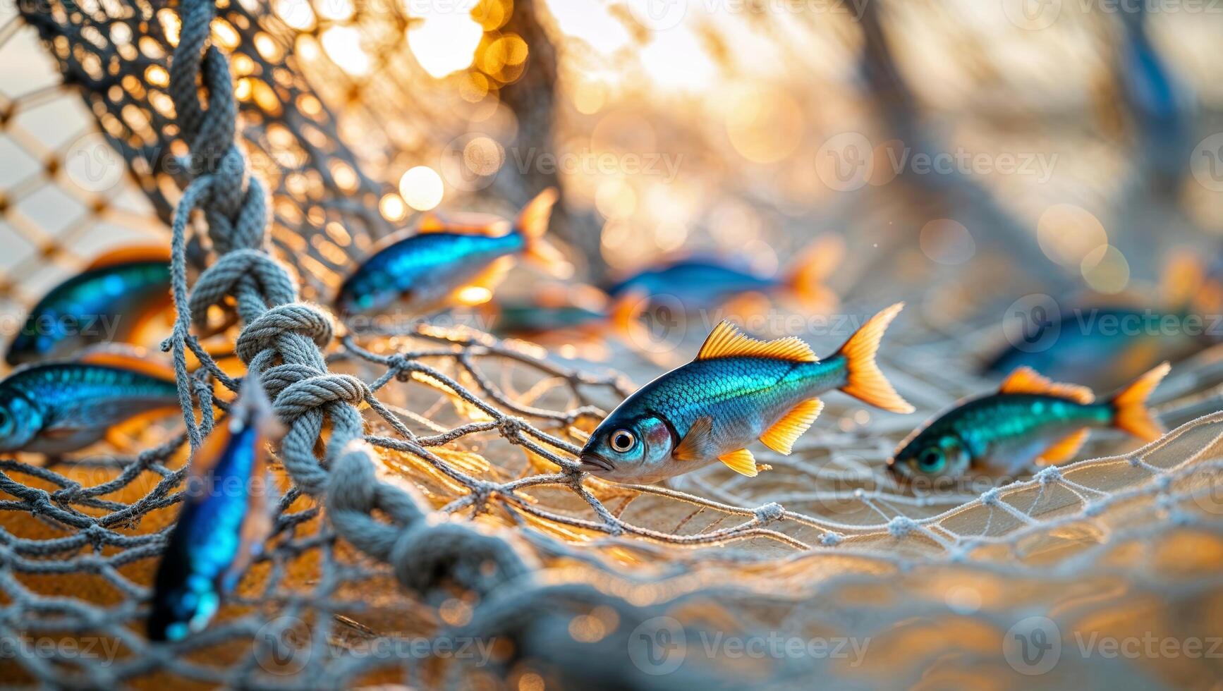 Colorful fish caught in a fishing net during golden hour by the water's edge photo