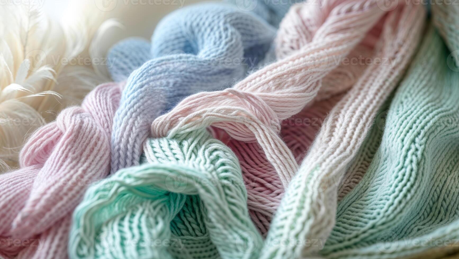 Soft pastel yarns neatly arranged on a table creating a cozy and inviting crafting atmosphere in a sunlit room photo