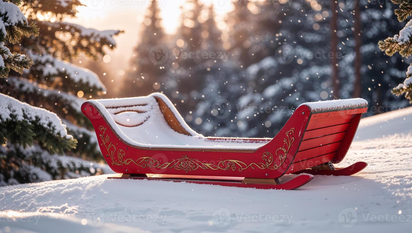 Snow-covered red sled resting in a winter landscape surrounded by evergreen trees at sunset photo