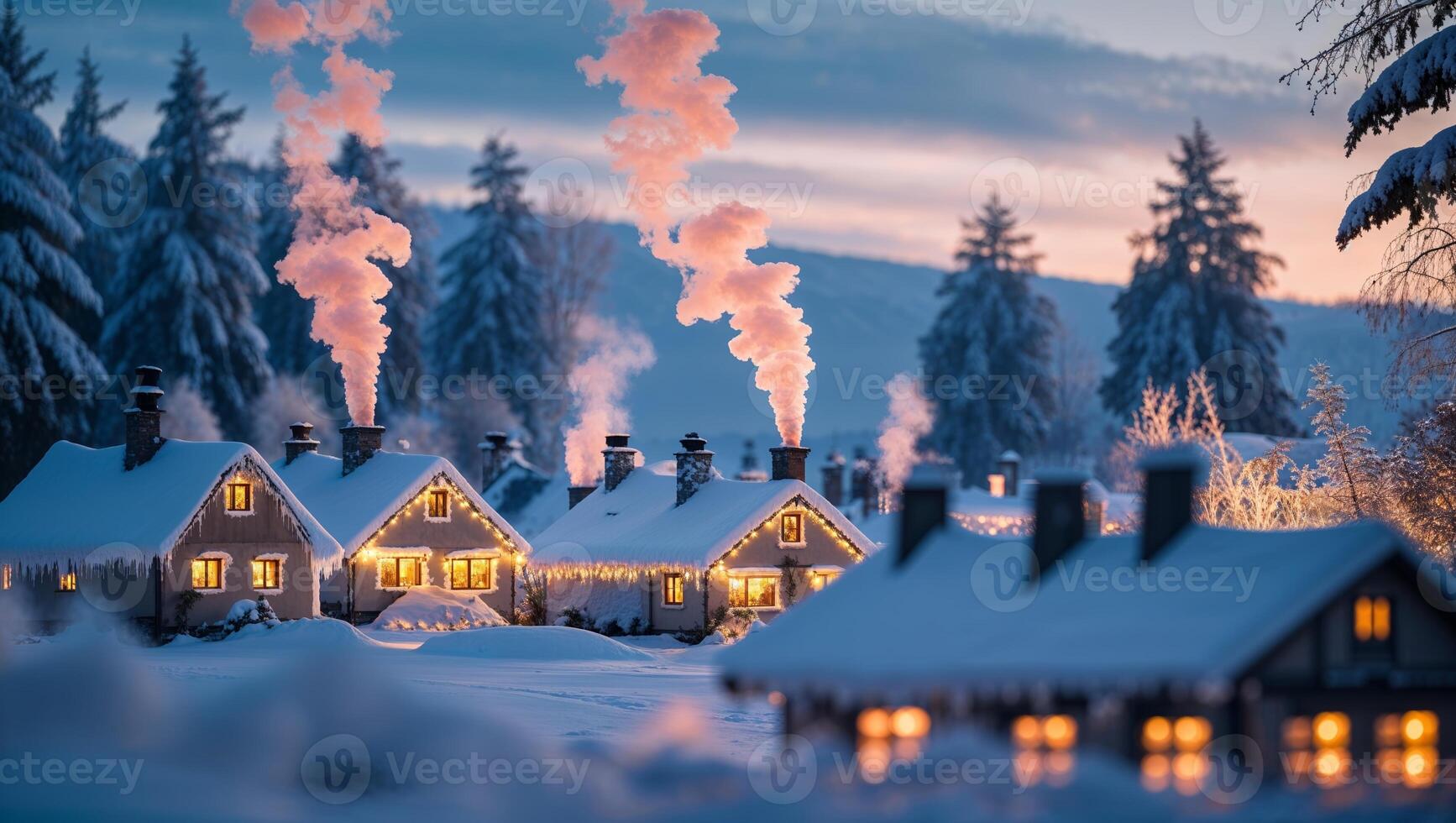 Charming winter village with snow-covered cottages and smoke rising from chimneys at dusk photo