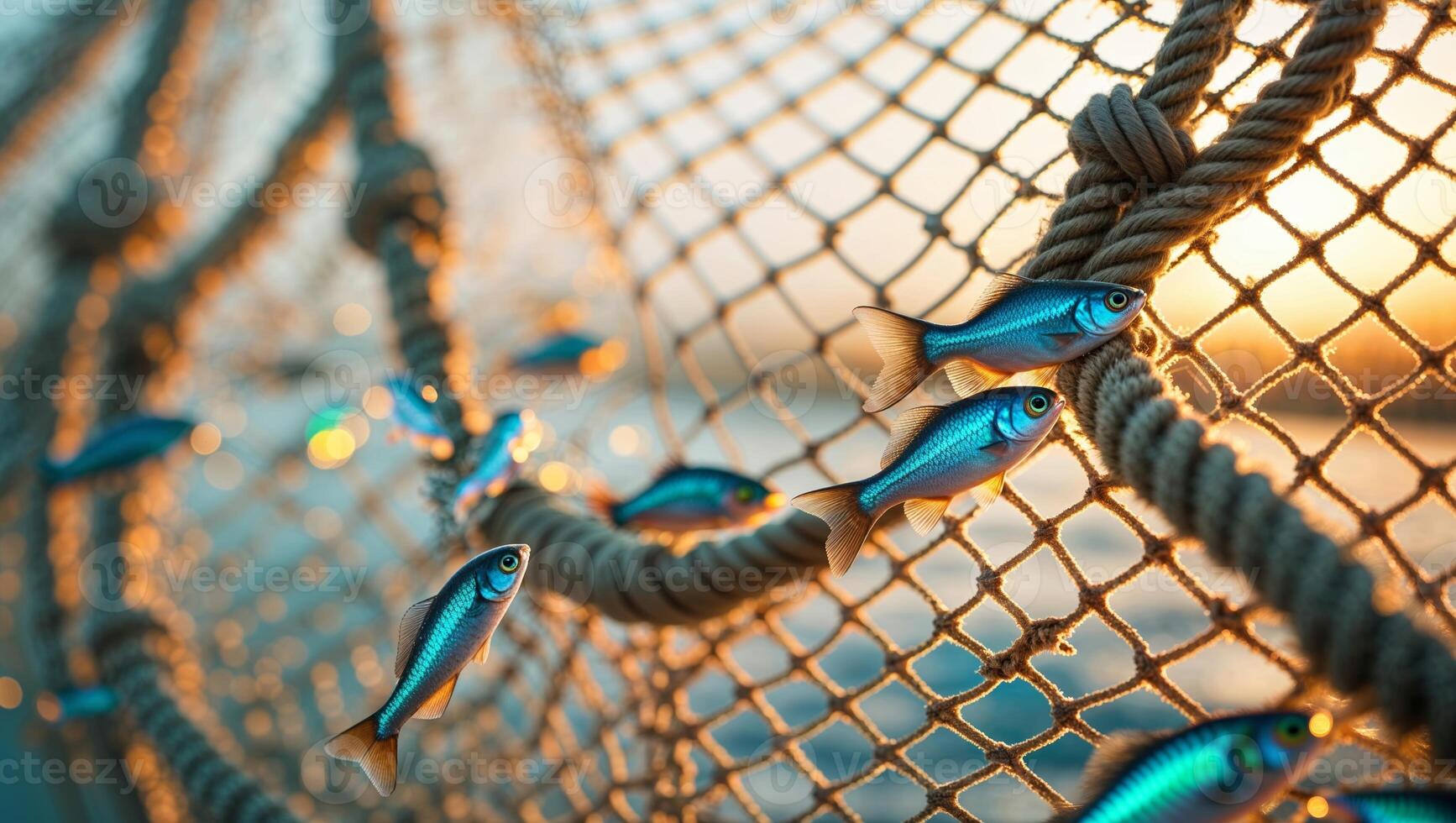 Sunlight glimmers on a fishing net filled with colorful fish during a serene coastal sunset photo