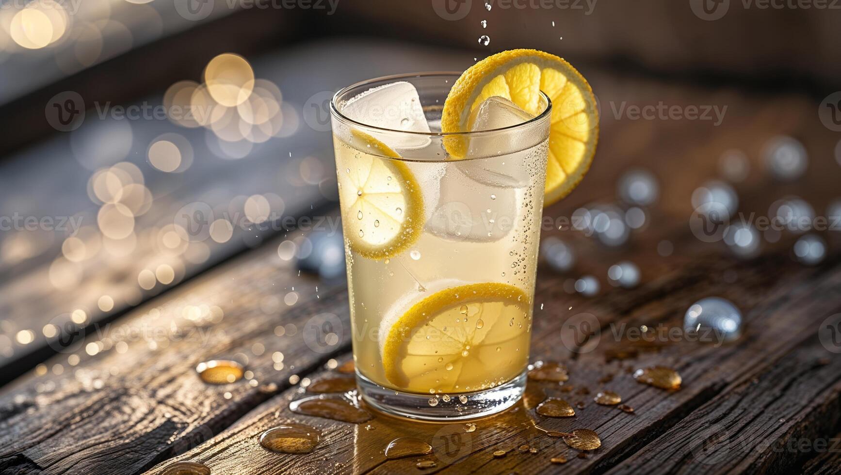 Refreshing lemonade drink with ice and lemon slices served on a wooden table photo