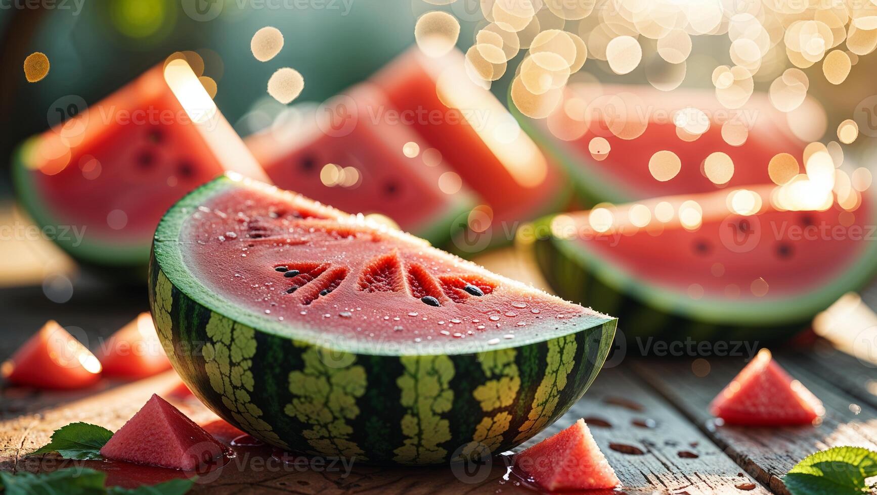 Fresh watermelon slices on a wooden table with soft sunlight and sparkling bokeh in summer photo