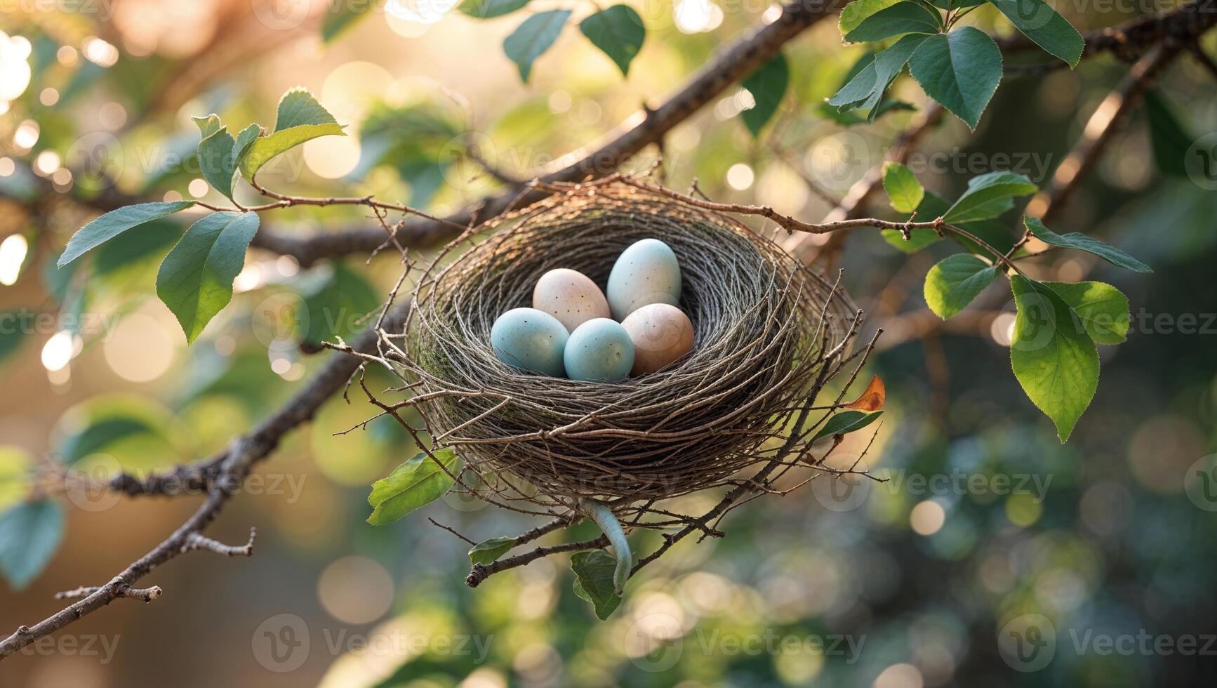 Nest with colorful eggs resting on a tree branch in a serene natural setting during early morning light photo