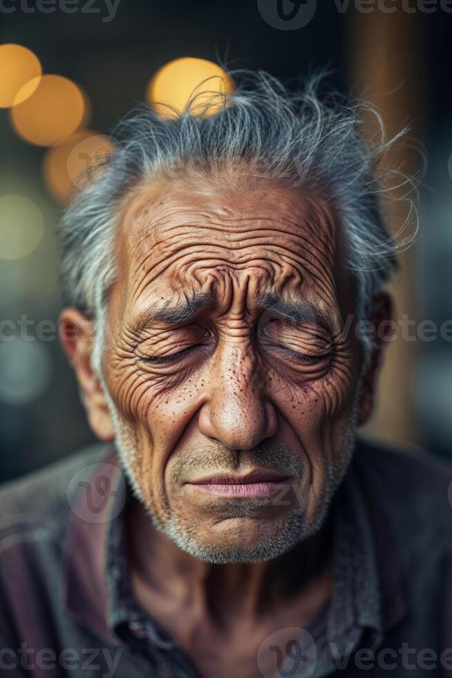 Emotion is captured in the expressive face of an elderly man with deep wrinkles and closed eyes in a dimly lit environment photo