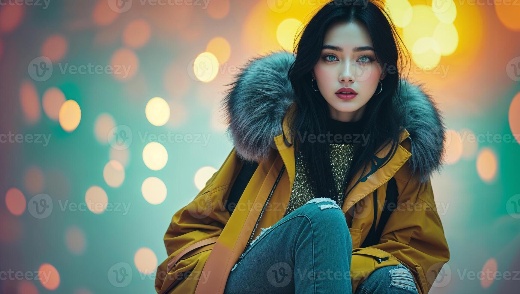 Young woman in stylish winter coat poses elegantly among colorful bokeh lights in an urban setting at twilight photo