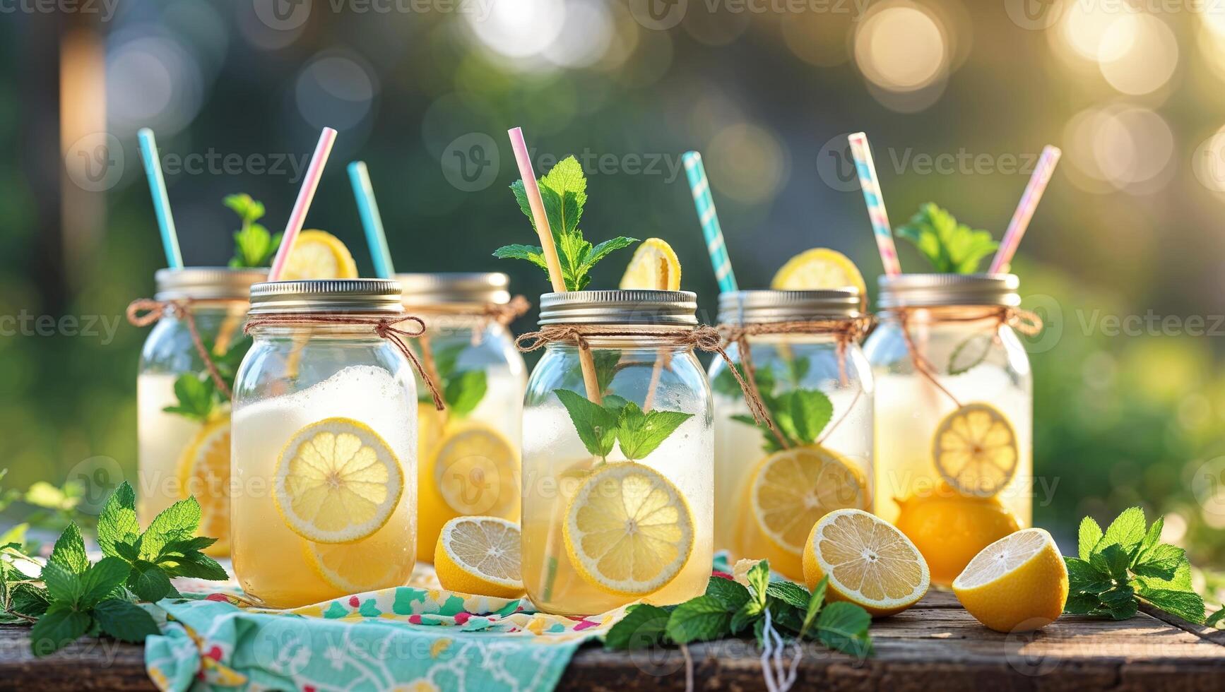 Refreshing lemonades in mason jars with mint outdoors on a sunny day are perfect for summer gatherings and picnics photo
