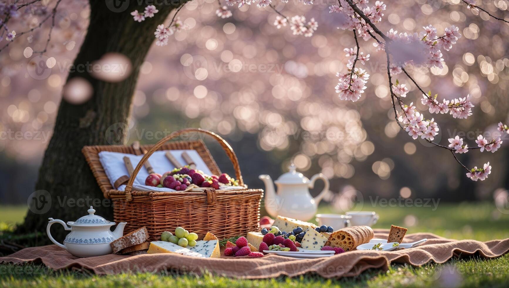 Spring picnic under cherry blossom trees with a beautiful spread of fruits and treats photo