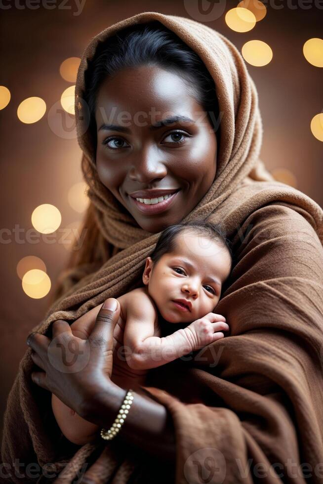 Mother cradles newborn against a backdrop of soft lights in a warm, intimate setting photo