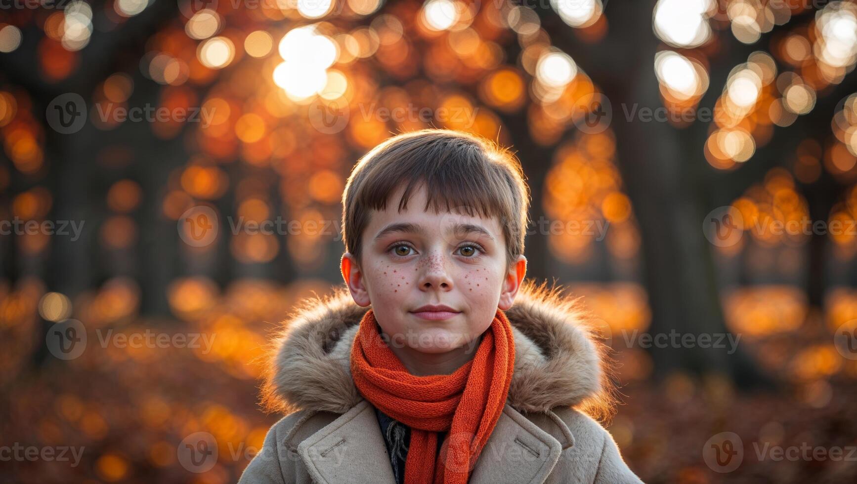 Young boy stands in a forest during autumn with warm sunlight illuminating his freckled face and vibrant orange scarf photo