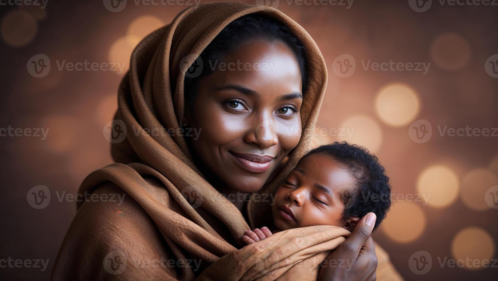 Portrait of a mother holding her sleeping baby in a warm and intimate setting photo