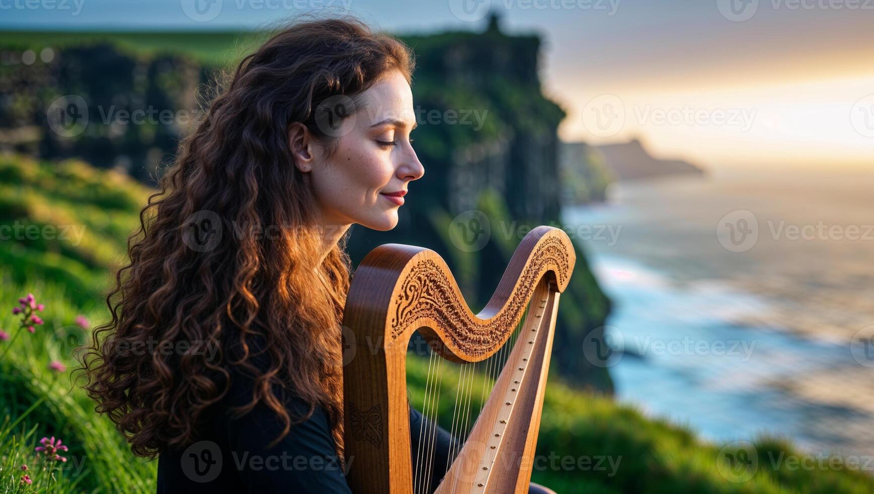 Musician playing harp at sunset near cliffs with ocean background in serene landscape photo