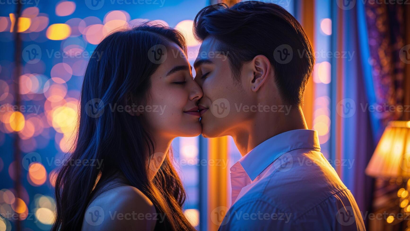 Couple sharing a romantic kiss against a beautifully lit city backdrop during the evening hours photo