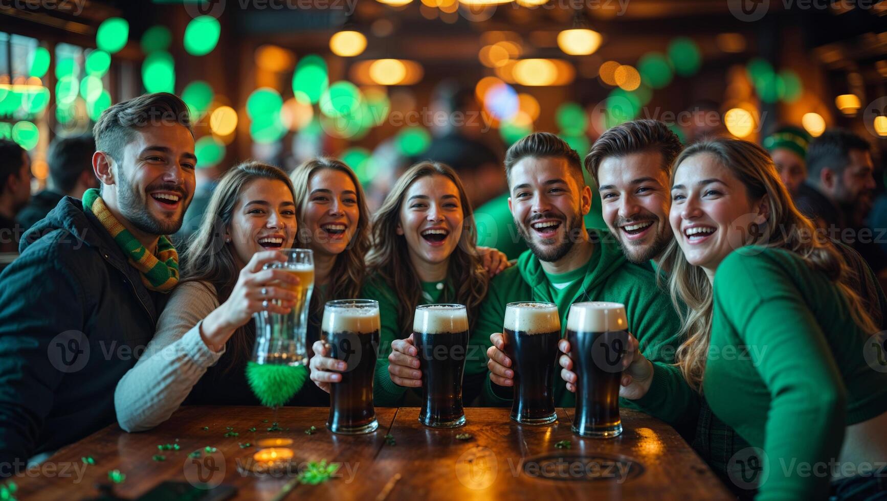 Friends celebrate at a lively pub gathering with beers during a festive occasion in the evening photo