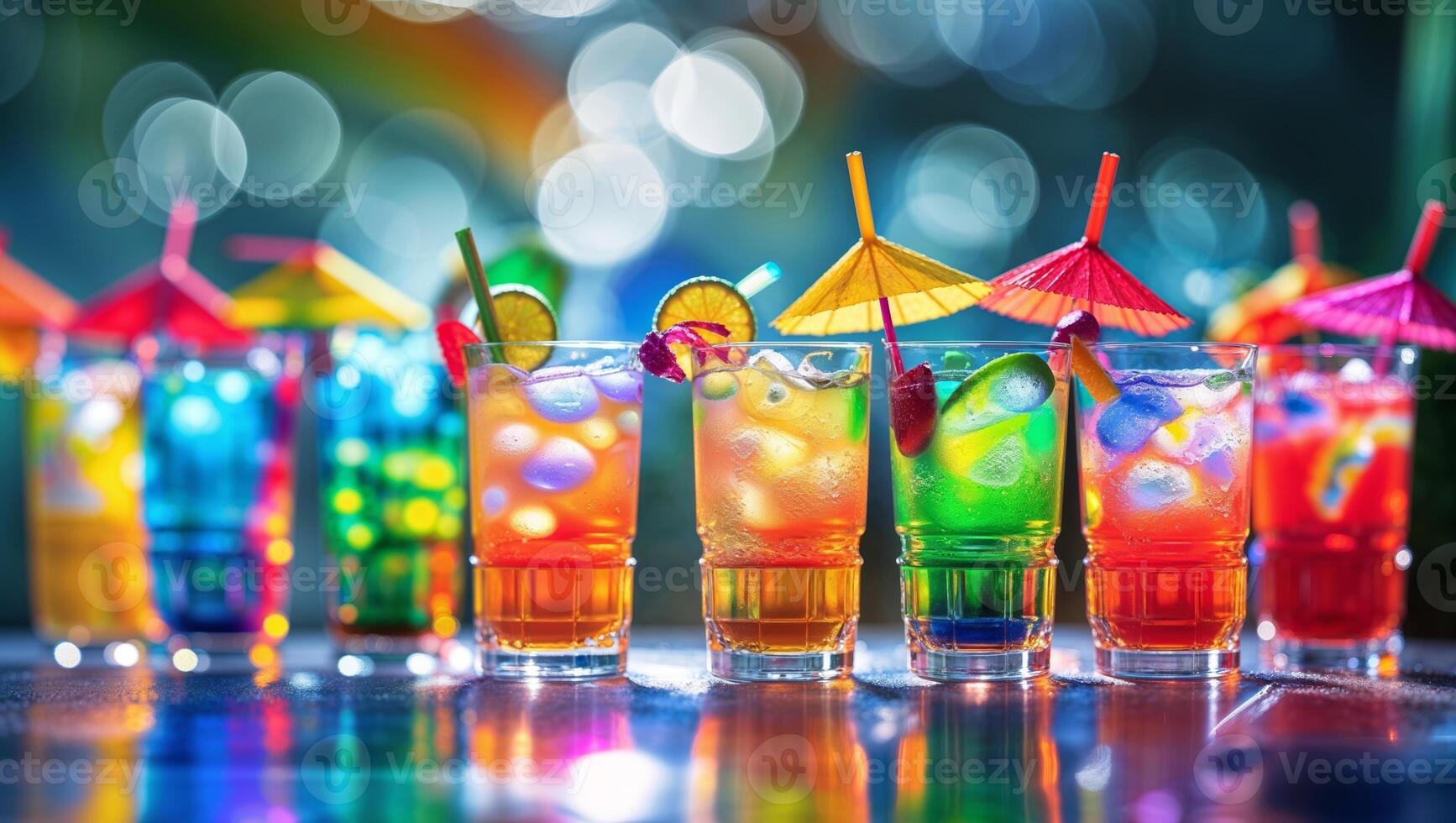 Colorful tropical cocktails arranged on a bar with decorative umbrellas in a vibrant outdoor setting photo
