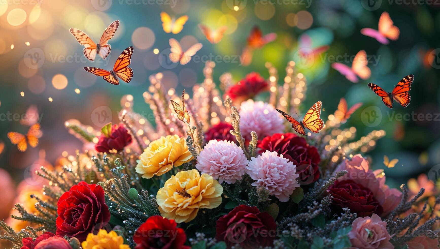 Vibrant flowers attract butterflies in a sunlit garden during a warm afternoon photo