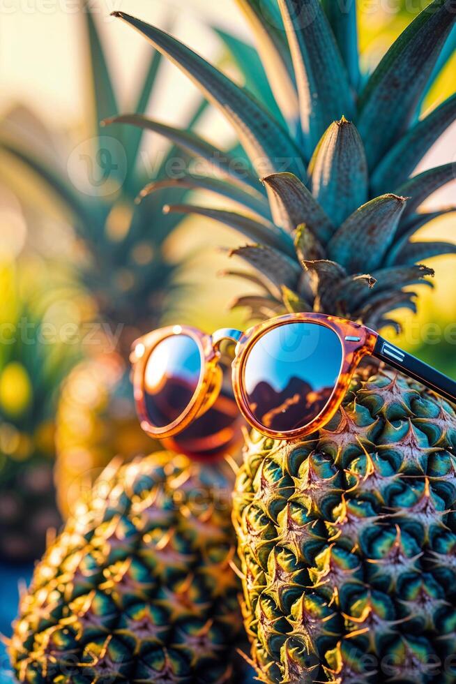 Pineapples wearing sunglasses at sunset in a tropical garden photo