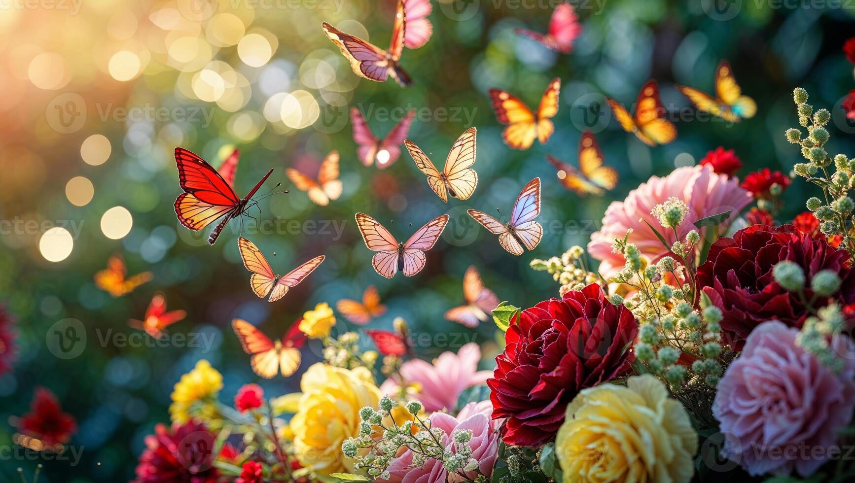 Colorful butterflies fluttering around blooming flowers in a sunny garden during springtime photo