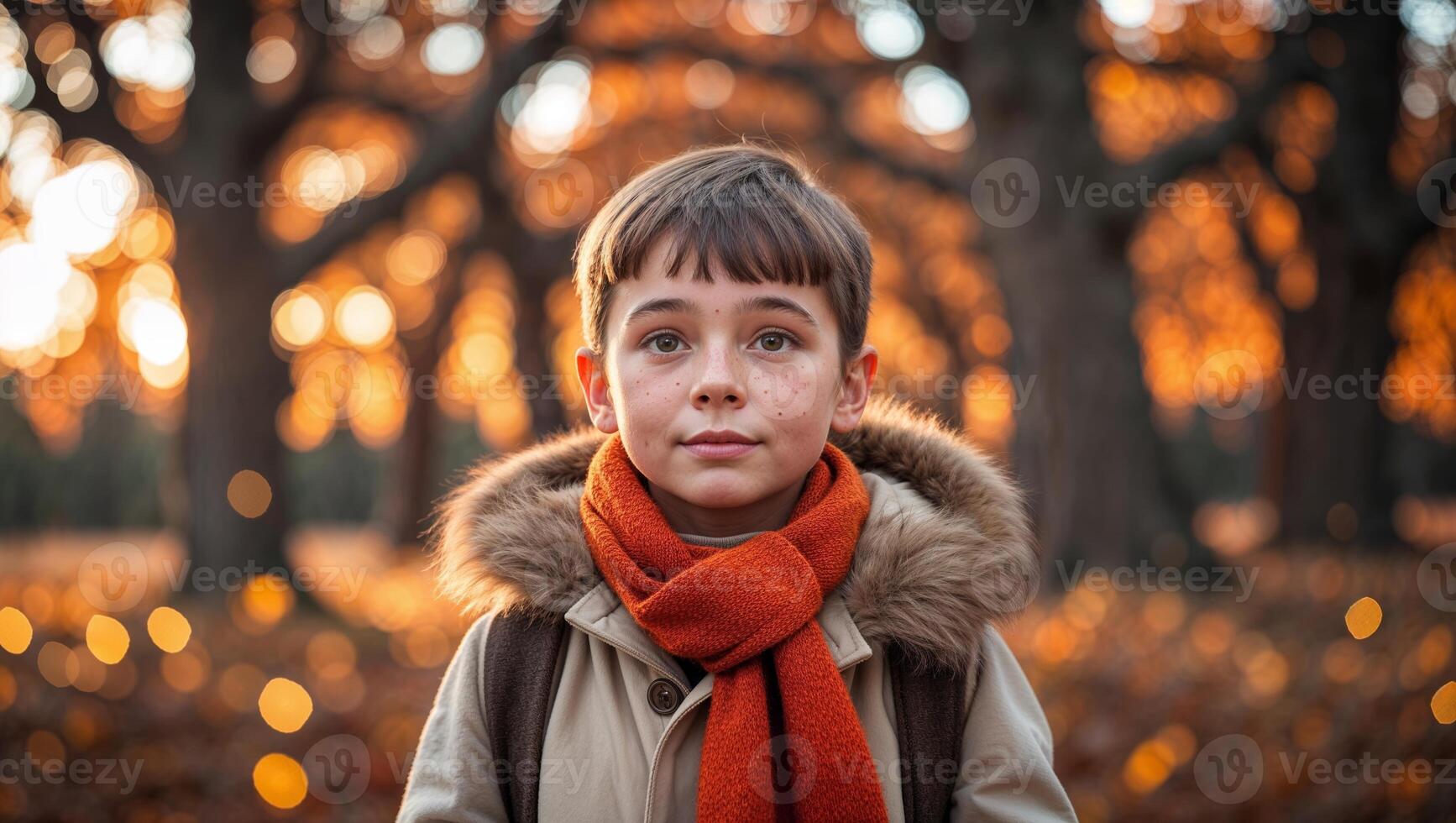 Young boy in autumn landscape wearing a warm coat and scarf surrounded by golden leaves during sunset photo