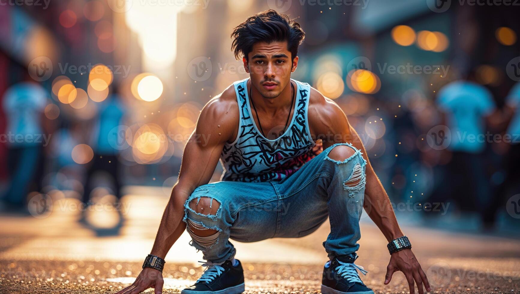 Young man performing dynamic poses in an urban environment during golden hour photo