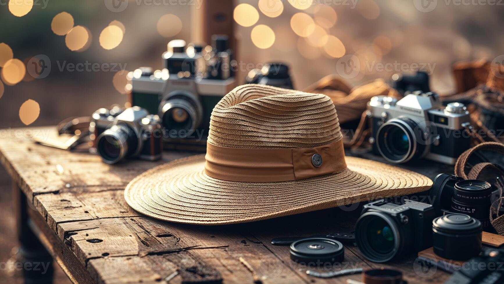 Vintage cameras and a sun hat displayed on a rustic wooden table with soft bokeh lights in the background photo