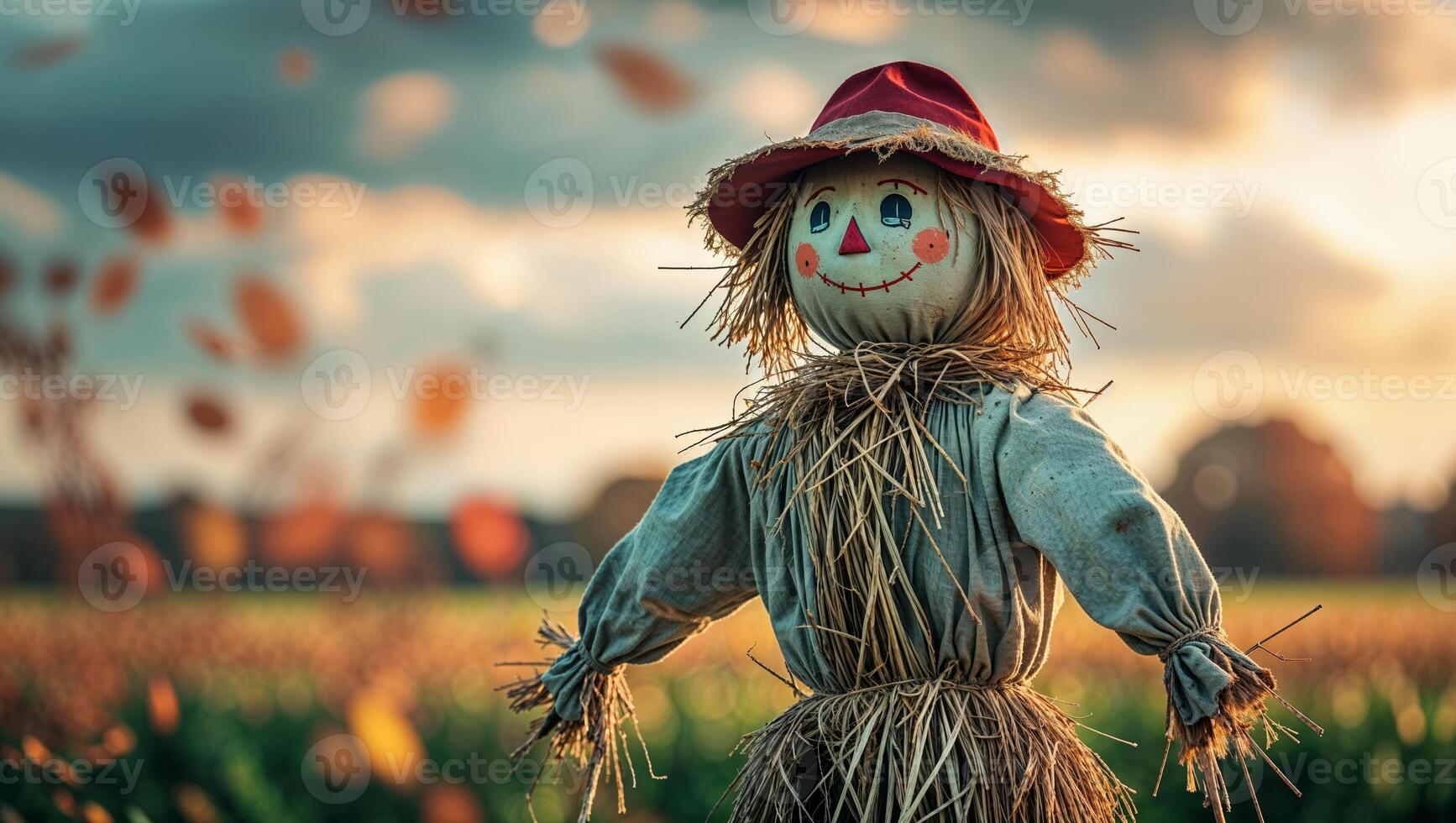 Bright scarecrow stands in a golden wheat field under a colorful autumn sky at sunset photo