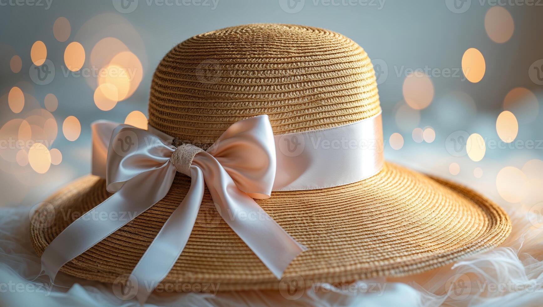 Elegant straw hat with satin ribbon resting on soft fabric against a backdrop of shimmering lights photo