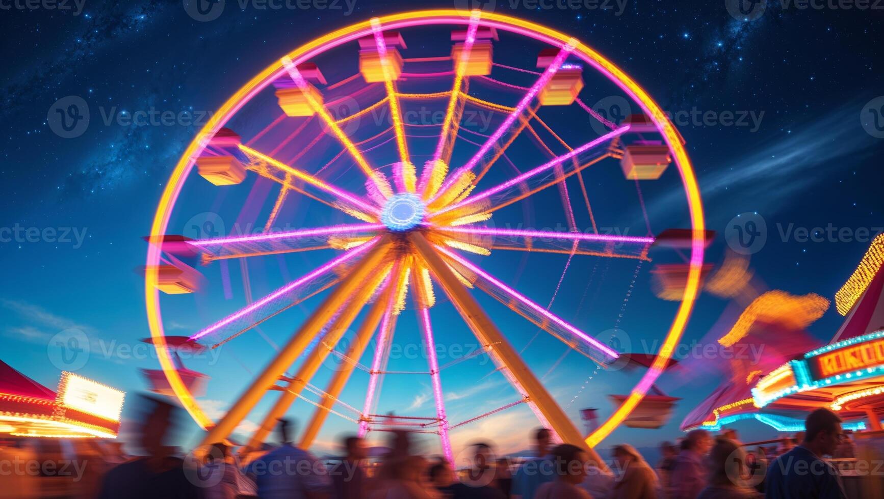 Colorful ferris wheel illuminated at night in a bustling amusement park during summer festivities photo
