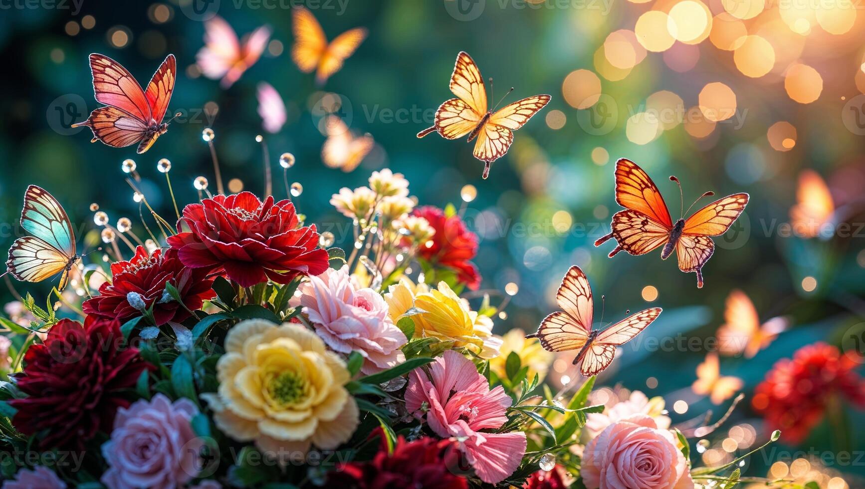Vibrant butterflies fluttering among fresh flowers in a lush garden at sunset photo